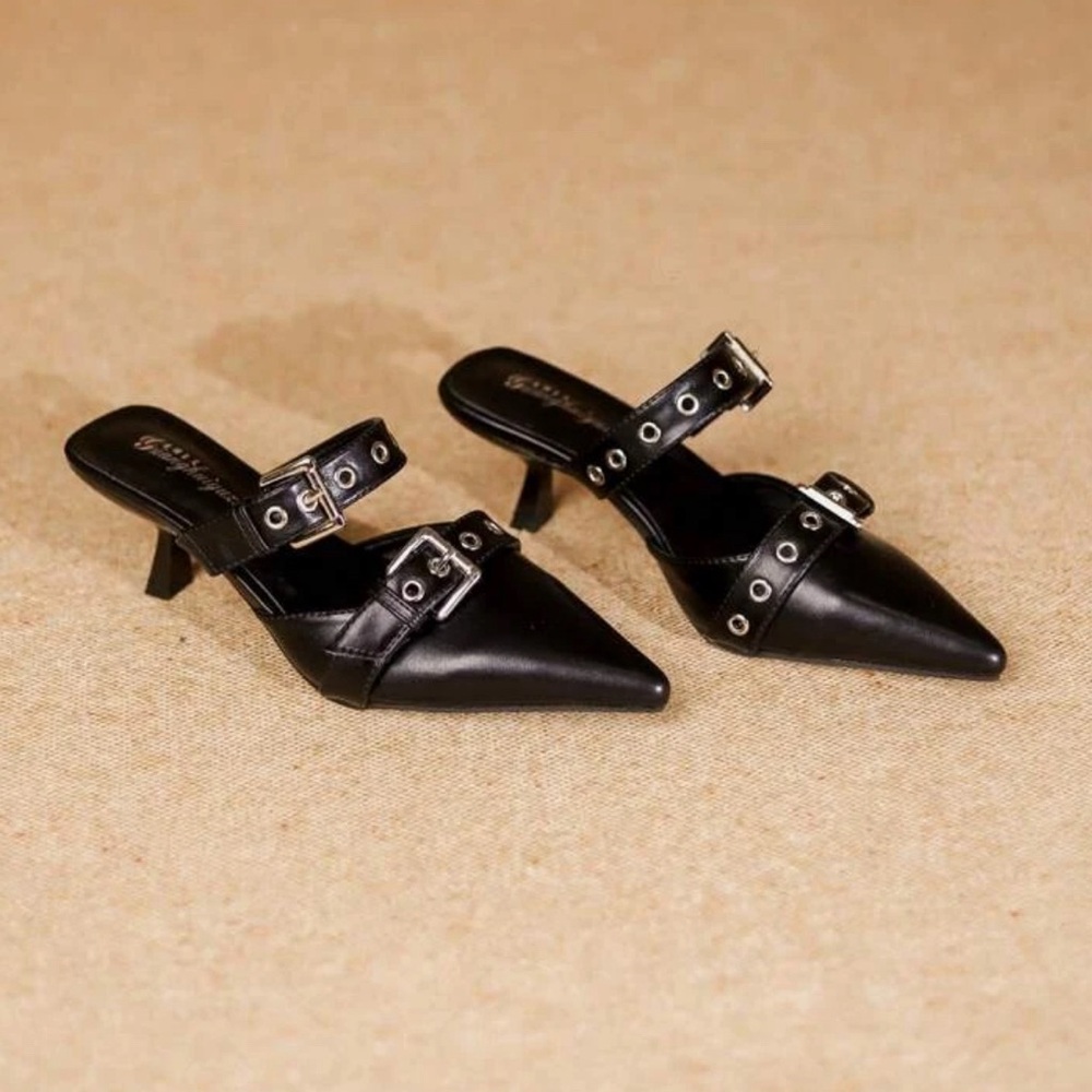 Double Buckle Pointed Toe Mule Heels For Women, Black Heels
